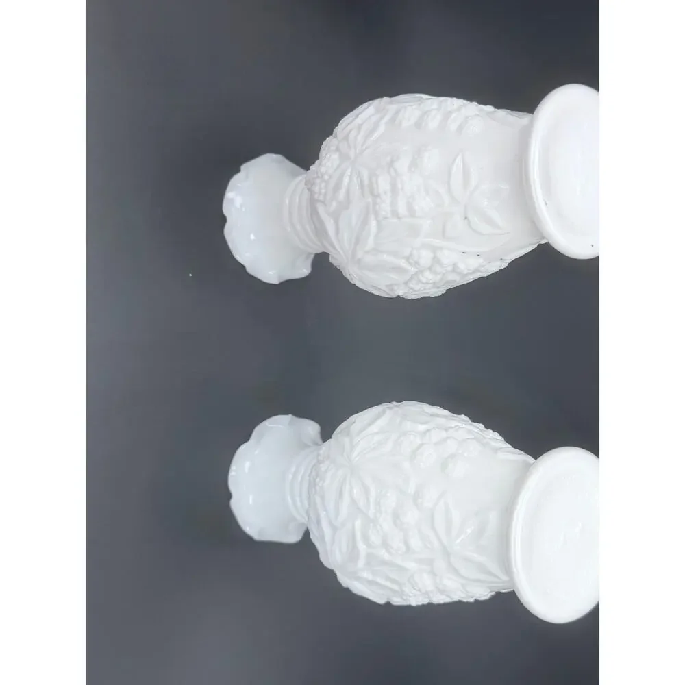 Pair Vintage Imperial Loganberry White Milk Glass Vases 6.25 Inch Ruffled